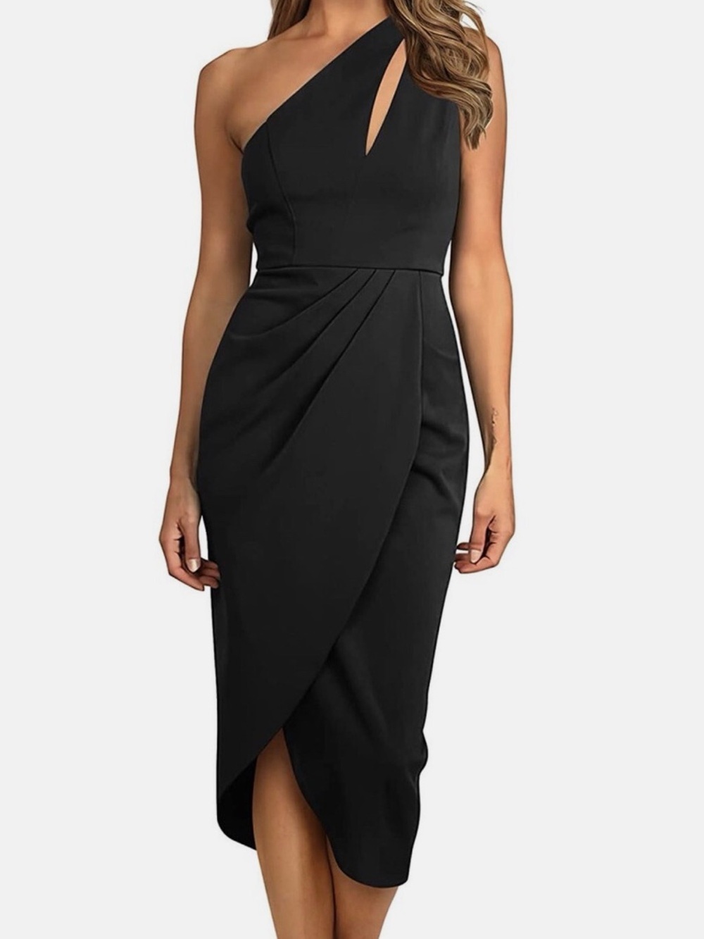 NWT One-Shoulder Black Asymmetric Slit Wrap Dress (L)